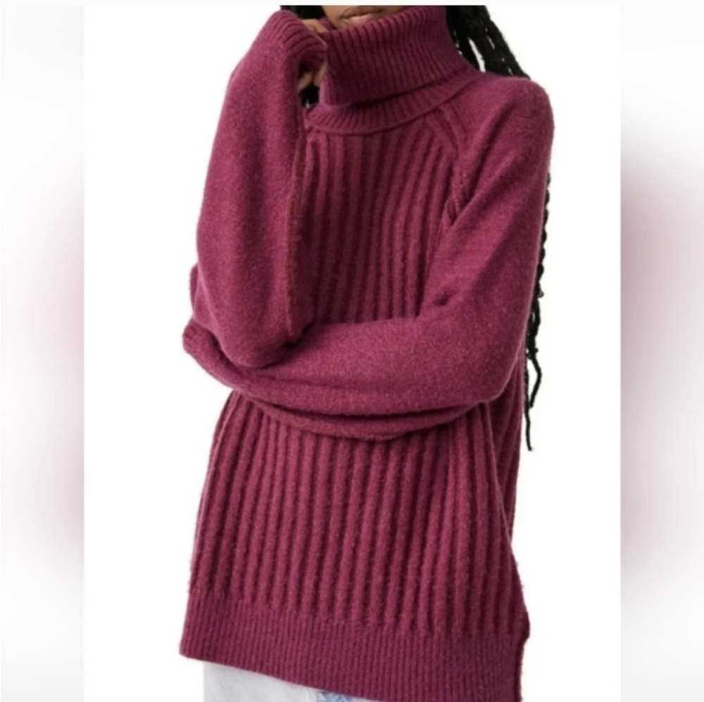 Free People Big City Ribbed Turtleneck Sweater Longline Slouchy Mulberry Medium
